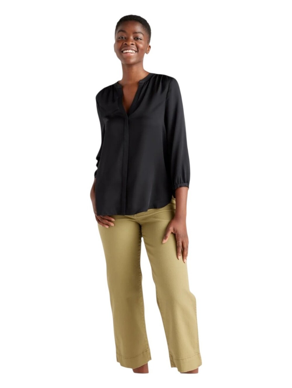 Quince Washable Stretch Silk Pleat Back Blouse Button Black Split V-Neck Size L